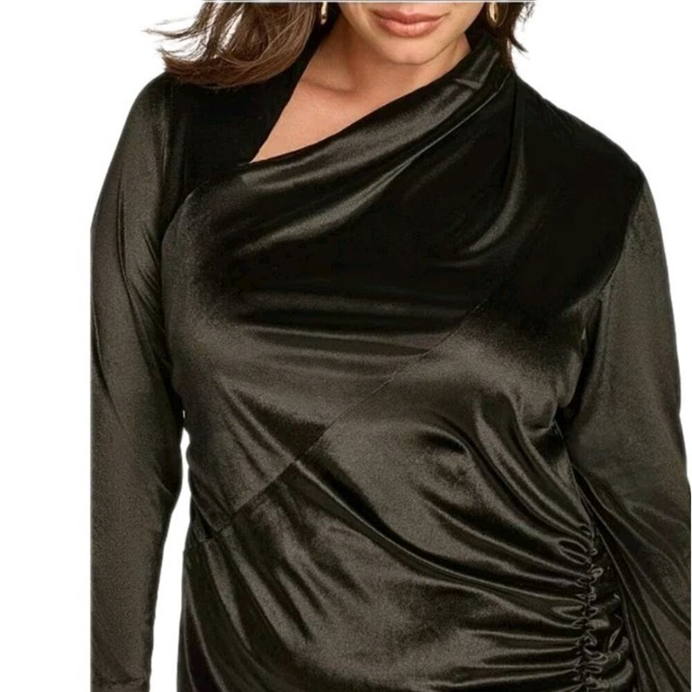 Donna Karan Plus Size 24W Black Satin Velvet Ruched Midi Dress Long Sleeve Party - Picture 2 of 14